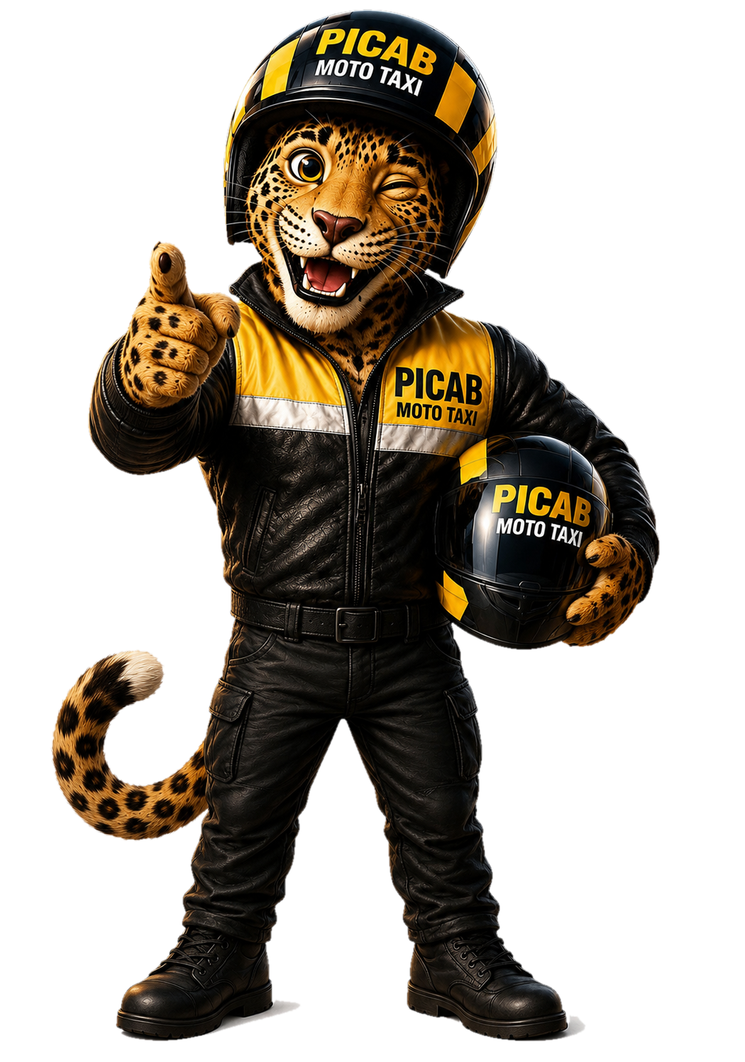 Mascota oficial de PICAB, un jaguar piloto con chaqueta de mototaxi